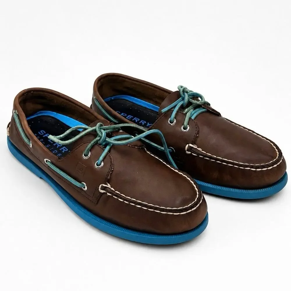 Sperry Top-Sider Men’s 11M Brown Leather Boat Shoes Blue Sole Lace-Up Loafers
